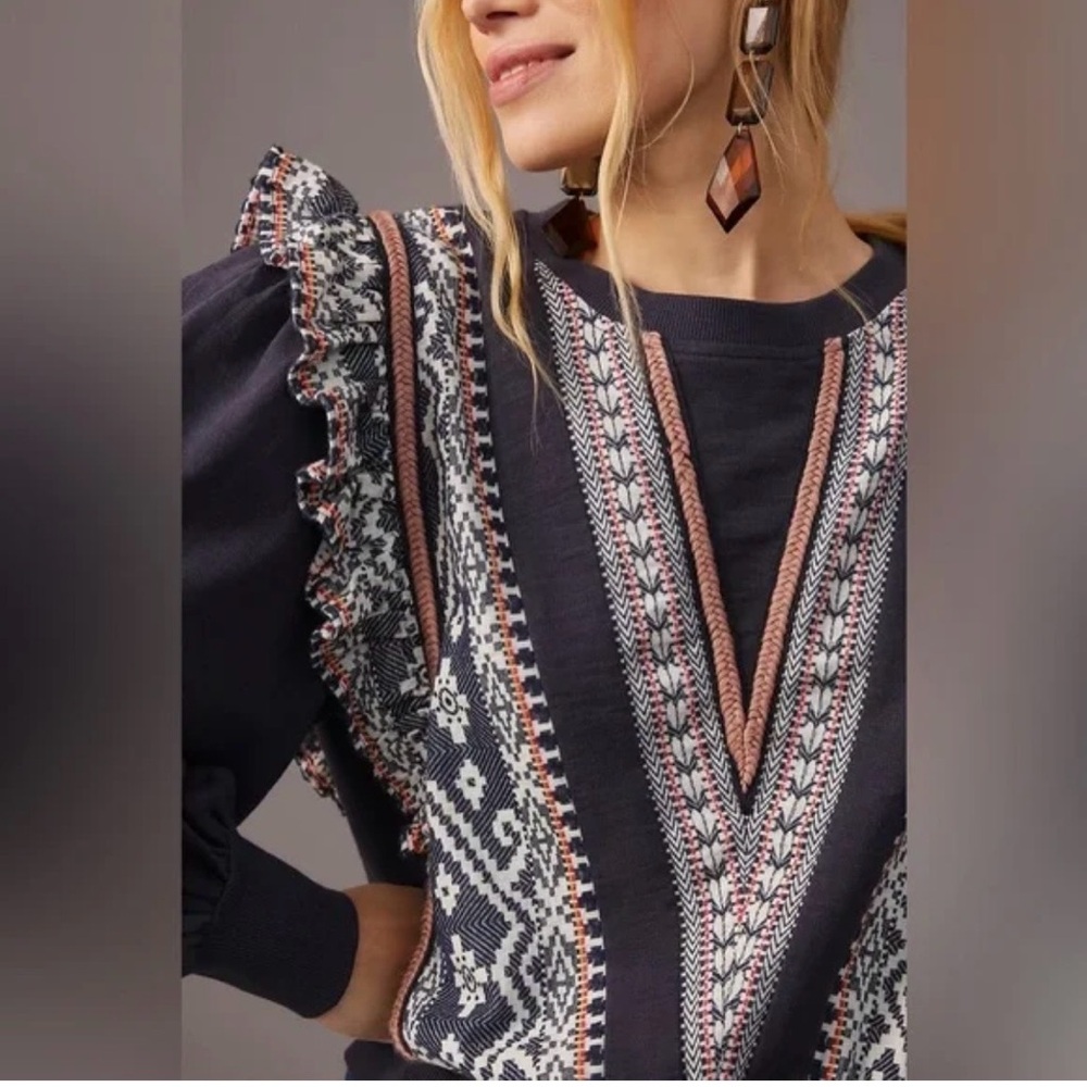 Anthropologie Ruffled Deco Pullover, a navy blue, size XS. Excellent condition.
